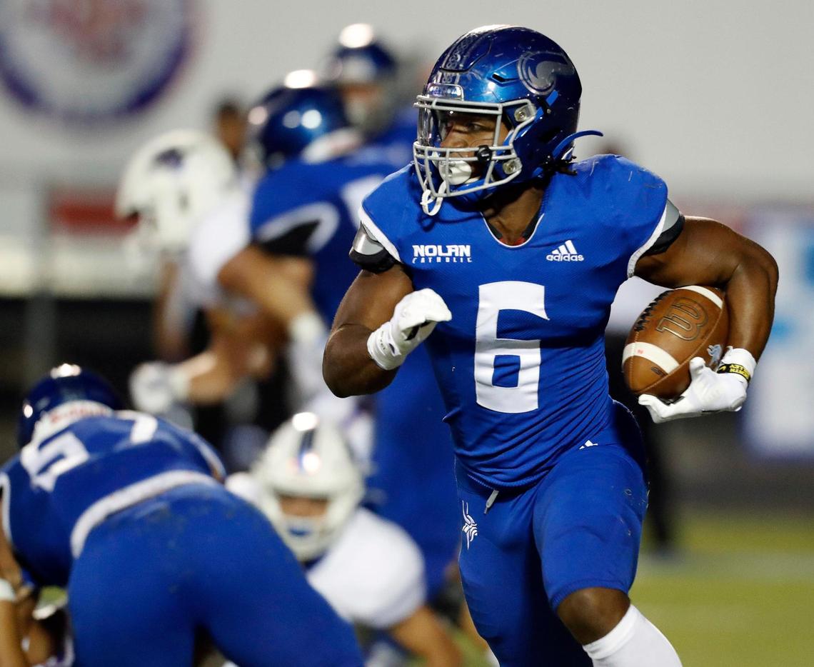 Nolan Catholic running back Emeka Megwa (6) finds an open space around the left side during a high school football game at Doskocil Stadium in Fort Worth, Texas, Friday, Oct. 02, 2020. Nolan Catholic defeated Midland Christian 38-21. (Special to the Star-Telegram Bob Booth)