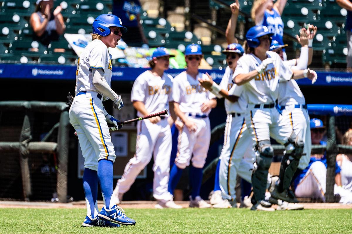 Tyler Moody celebrates his teammates hit during the 3A UIL state semifinal between Brock and Diboll at Dell Diamond in Round Rock on June 10, 2022.