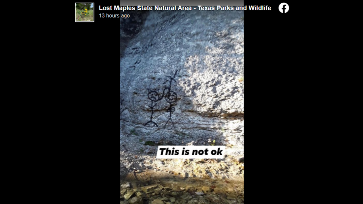 Monkey Rock in Lost Maples State Natural Area was vandalized with stick figure drawings, photos from the Texas park show.