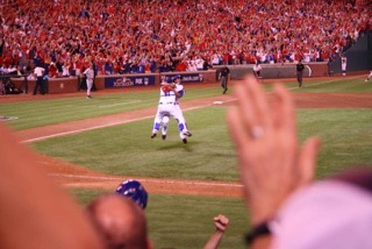 Long time season-ticket holder Mike Morris, of Bedford, took this shot of pitcher Neftali Feliz hugging catcher Bengie Molina after striking out Alex Rodriguez to capture the Texas Rangers’ first American League pennant in October 2010.