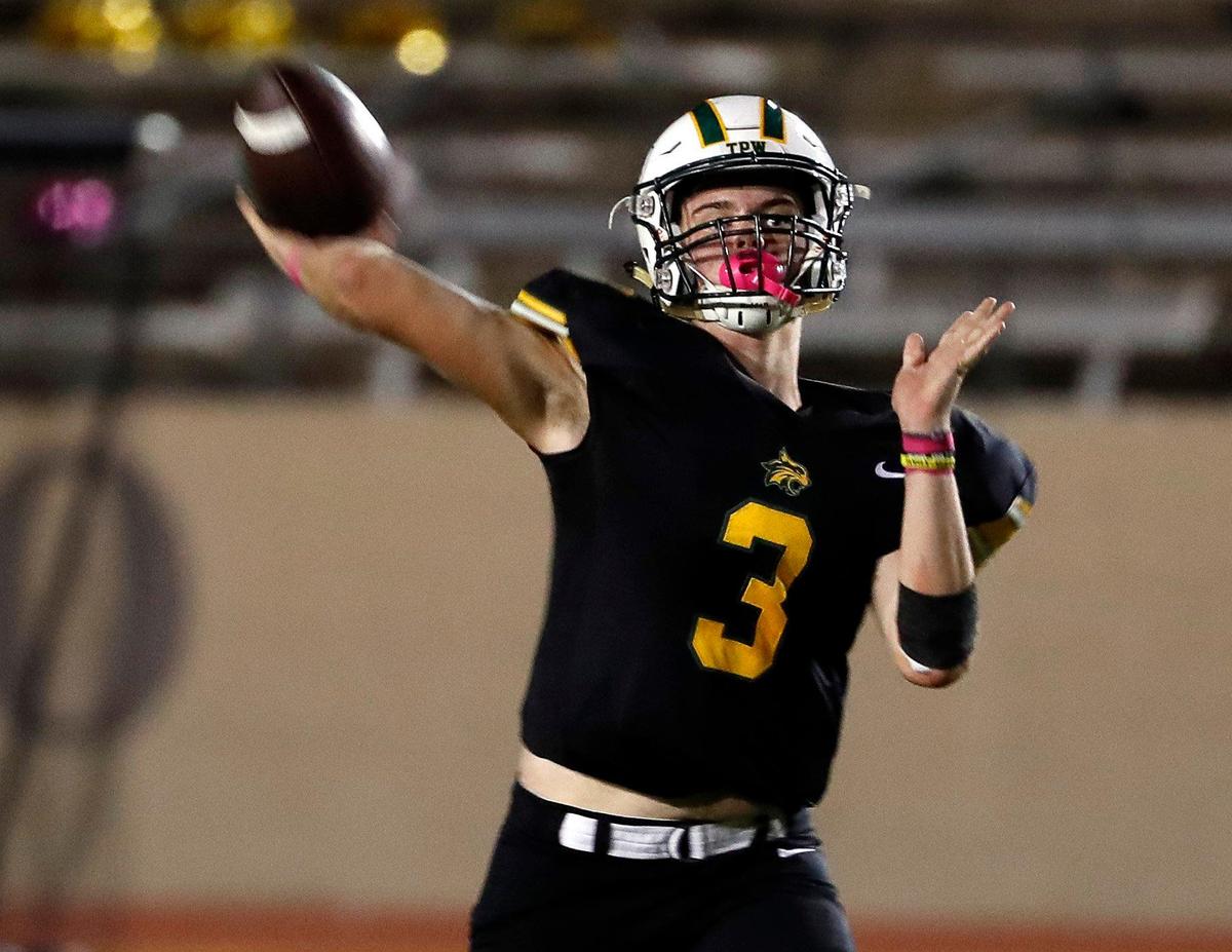 Benbrook quarterback Collin Thompson (3) tosses a completion down field in the first half of a Division II 4-4A high school football game at Farrington Field in Fort Worth, Texas, Thursday, Oct. 13, 2022. Benbrook led Venus 28-0 at the half. (Special to the Star-Telegram Bob Booth)