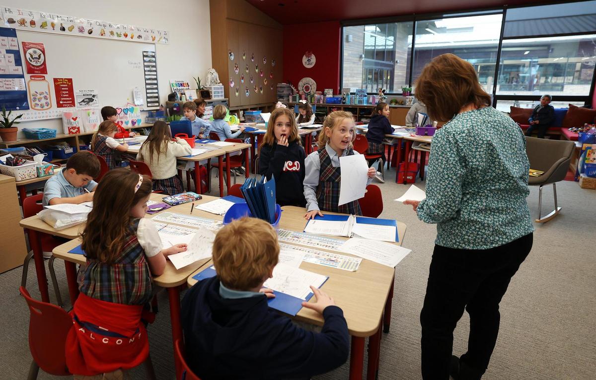 First graders work on a project in teacher Sheri Fuller’s classroom at the new Annie Richardson Bass Lower School at Fort Worth Country Day on Tuesday, Feb. 18, 2025.