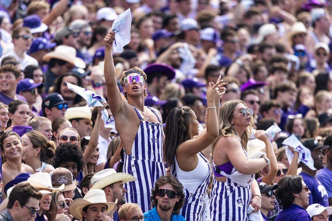 The TCU student section cheers after scoring their first touchdown of the game in the first quarter of a college football game between the TCU Horned Frogs and the Colorado Buffaloes at Amon G. Carter Stadium in Fort Worth on Saturday, Sept. 2, 2023.