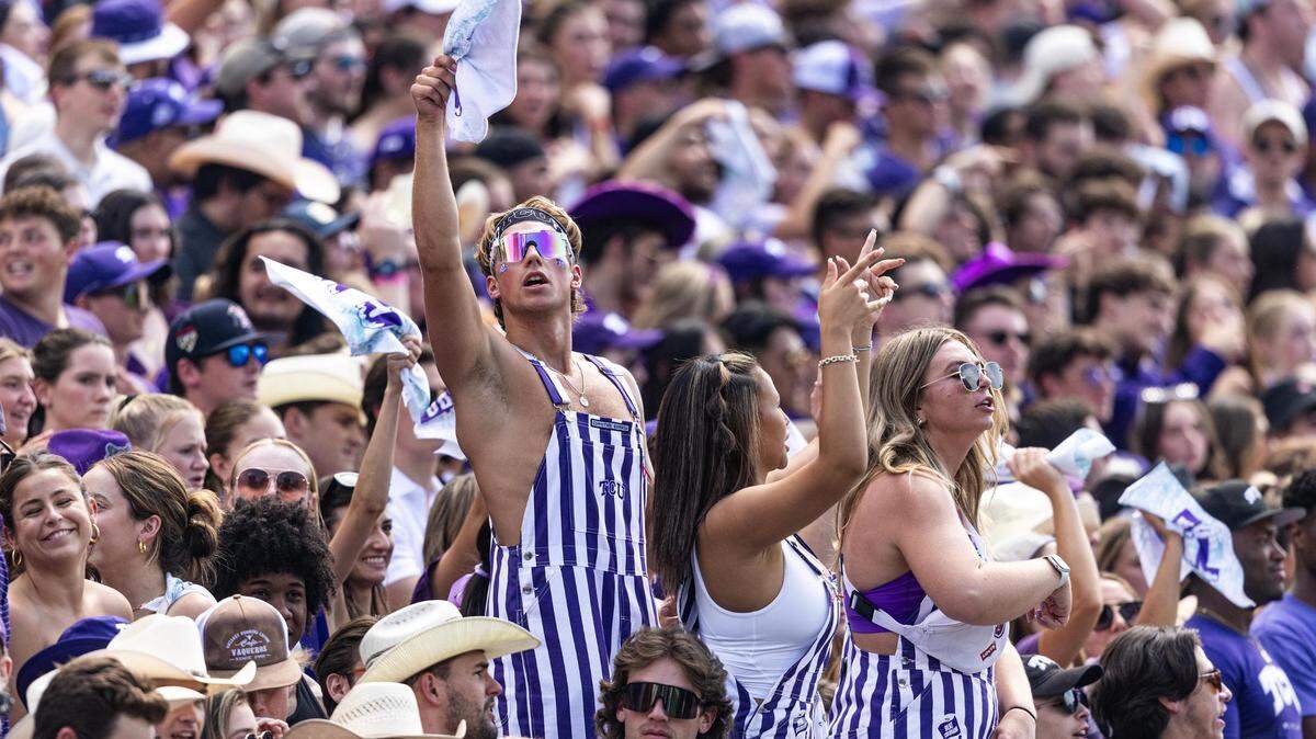 The TCU student section cheers after scoring their first touchdown of the game in the first quarter of a college football game between the TCU Horned Frogs and the Colorado Buffaloes at Amon G. Carter Stadium in Fort Worth on Saturday, Sept. 2, 2023.