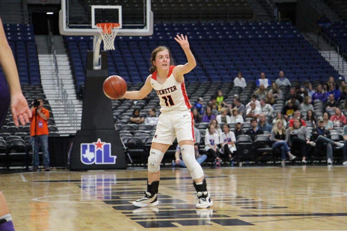 Muenster junior guard Kaley Berkley calls out a play during the Class 2A state semifinals, Friday March 6, 2020. The Lady Hornets beat Mason 43-34. (Patrick Hayslip/Gainesville Daily Register)
