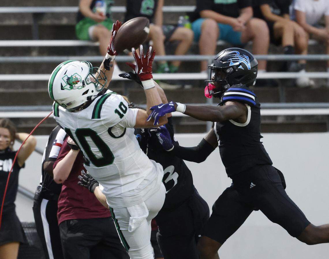 Southlake wide receiver Brody Knowles (10) makes the grab in front of Byron Nelson Mahamadou Siby (2) during the first half of a UIL football game between Southlake Carroll  and Byron Nelson at Northwest ISD Stadium in Justin, Texas, Friday, Sept. 12, 2025.