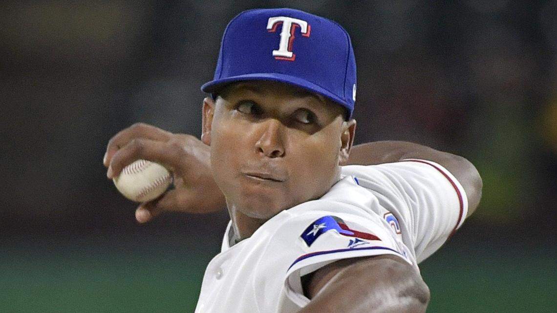Texas Rangers relief pitcher Jose Leclerc (62) working during the eighth inning as Seattle beats Texas 9 - 7 at Globe Life Park in Arlington, TX, Saturday, April 21, 2018.