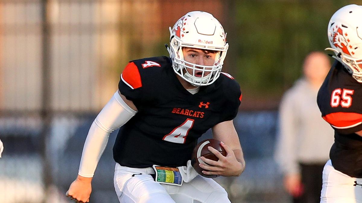 Aledo quarterback Jake Bishop looks to scramble against Denton Guyer during the first half, Friday night, August 30, 2019 played at Bearcat Stadium in Aledo, TX.