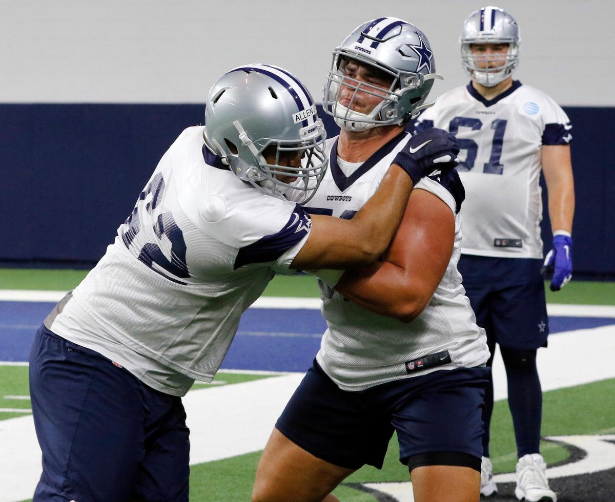 Dallas Cowboys defensive end Kerry Hyder (62) and Dallas Cowboys guard Connor Williams (52) go through lineman drills during the Dallas Cowboys minicamp at The Star in Frisco, Texas, Wednesday, June 12, 2019. (Special to the Star-Telegram Bob Booth)