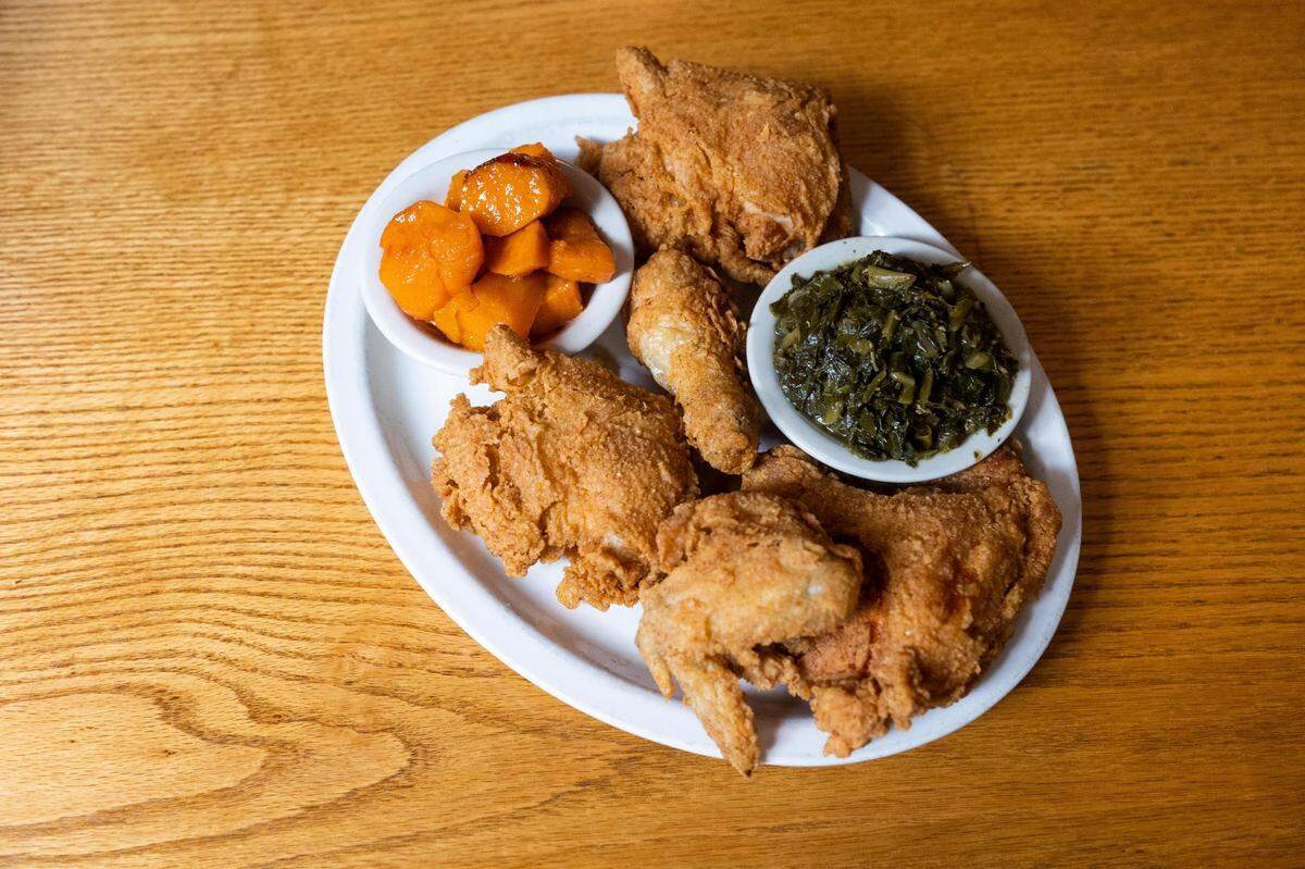 A fried chicken plate at Drew’s Place off Horne Street in Fort Worth.