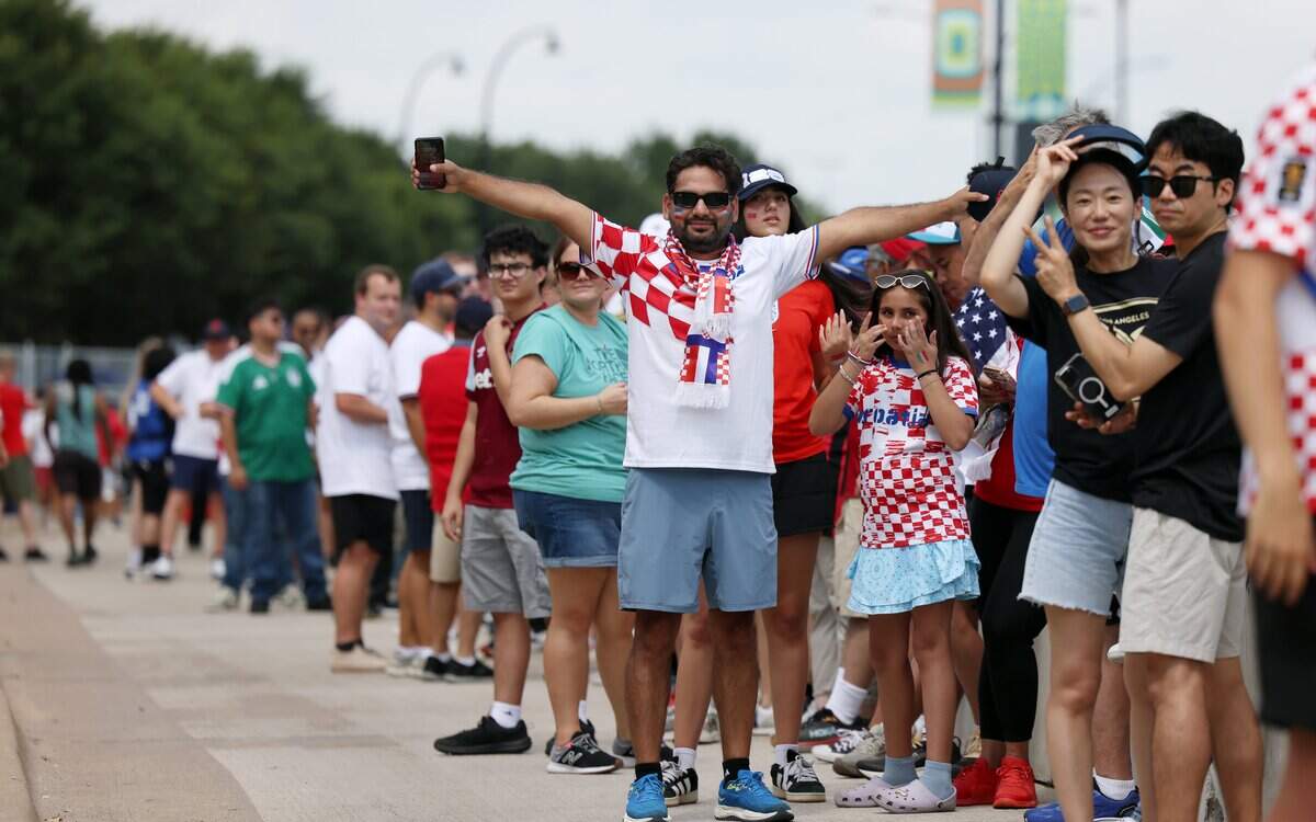 Croatia and England fans line up to enter Dallas Stadium for the World Cup matchup on Wednesday, June 17, 2026, in Arlington.