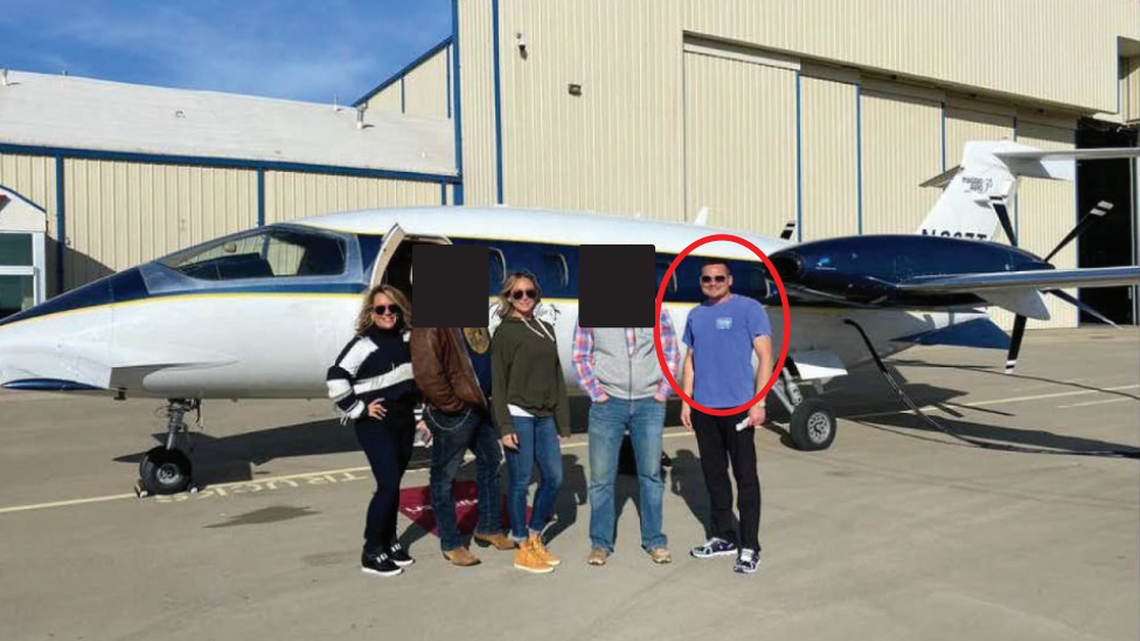 Jason Hyland (circled), Jenna Ryan and Katie Schwab, three Dallas-Fort Worth real estate agents, have been charged in connection to the insurrection at the U.S. Capitol on Jan. 6. The three took a group photo at US Trinity Aviation in Denton before boarding a private plane to D.C., according to the FBI.