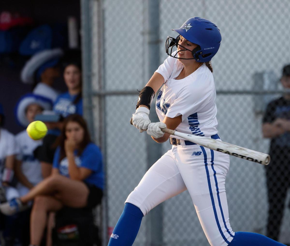 Joshua first baseman Kinlee Alexander (7) records a triple and drives in two runs in the bottom of the second during a UIL 5A D2 bi-district softball playoff game at Eagle Softball Field in Crowley, Texas, Thursday, Apr. 24, 2025.