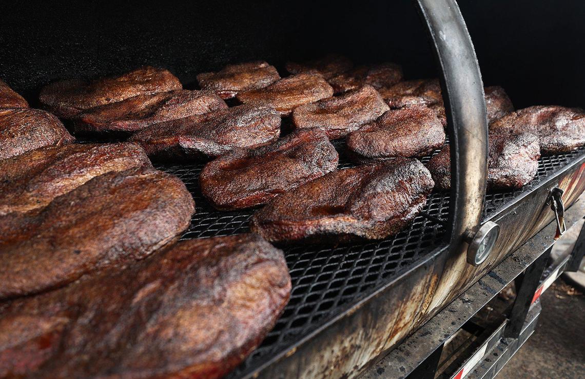 Brisket cook inside the smoker at Brix Barbecue on Tuesday, November 22, 2022. Owner Trevor Sales has been operating the business from a trailer near South Main Street for three years.
