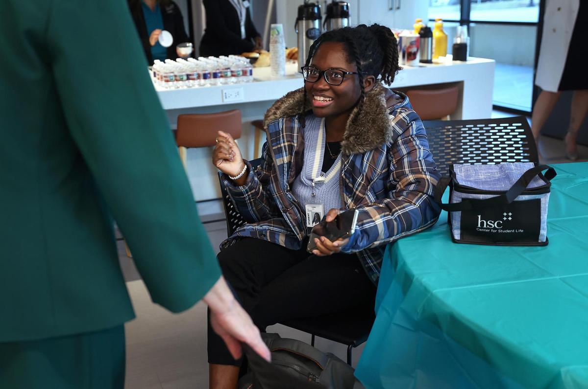 Nursing student Sarah Pappoe, right, talks to Cindy Weston, founding dean of the College of Nursing at UNT Health Science Center, during a breakfast to greet the first in-person cohort of the new nursing school on Monday, Jan. 13, 2025, in Fort Worth. The nursing school was established in 2023 to address the nursing shortage in Texas.