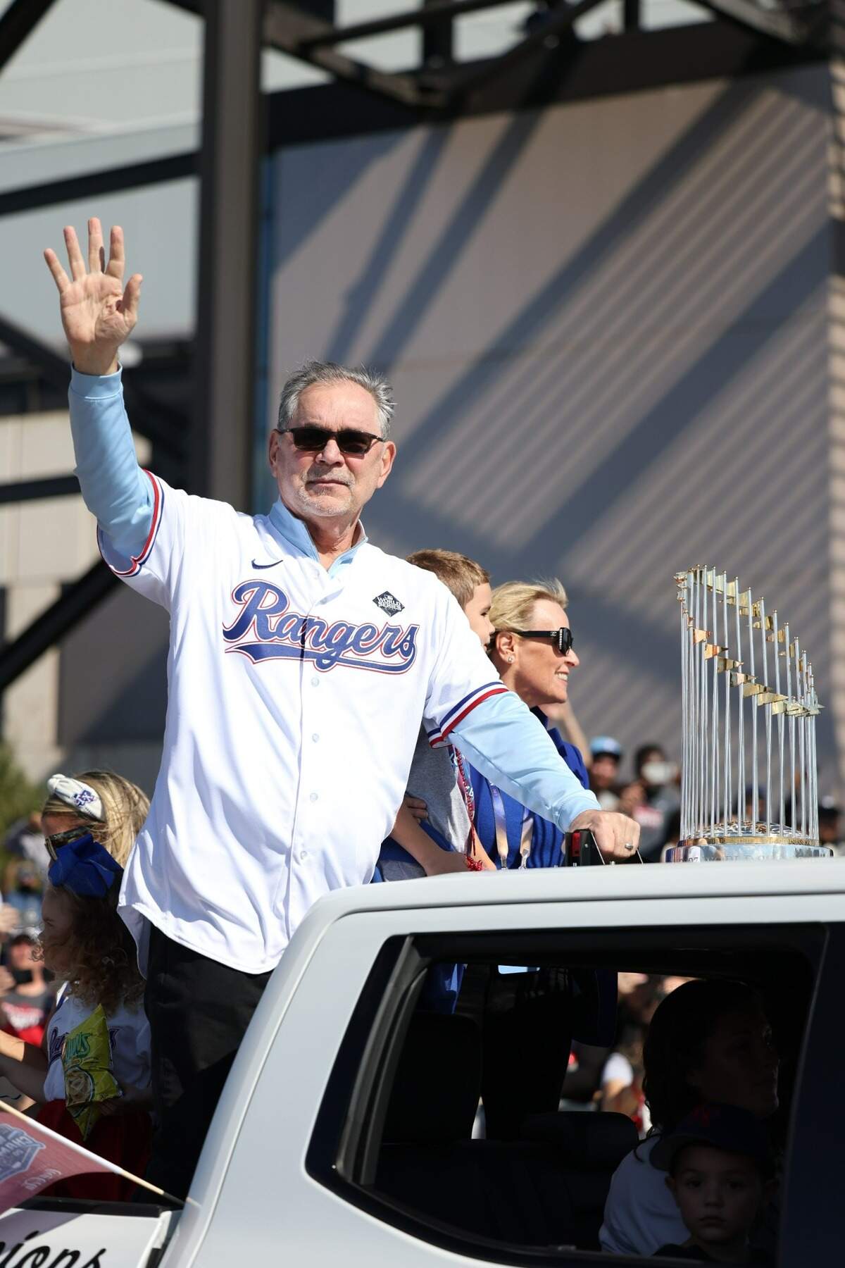 Texas Rangers Bruce Bochy during the World Series parde outside Globe Life Field in Arlington on Friday, Nov. 3, 2023.
