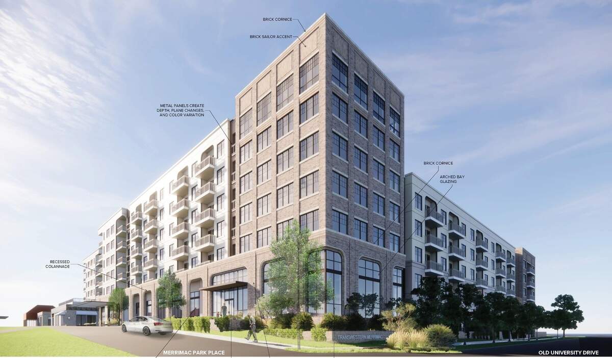 An artist rendering of an apartment building that would be part of the Merrimac mixed-use development along Old University Drive and Trinity River in Fort Worth.