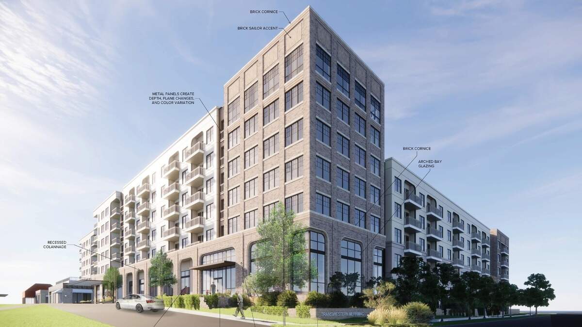 An artist rendering of an apartment building that would be part of the Merrimac mixed-use development along Old University Drive and Trinity River in Fort Worth.