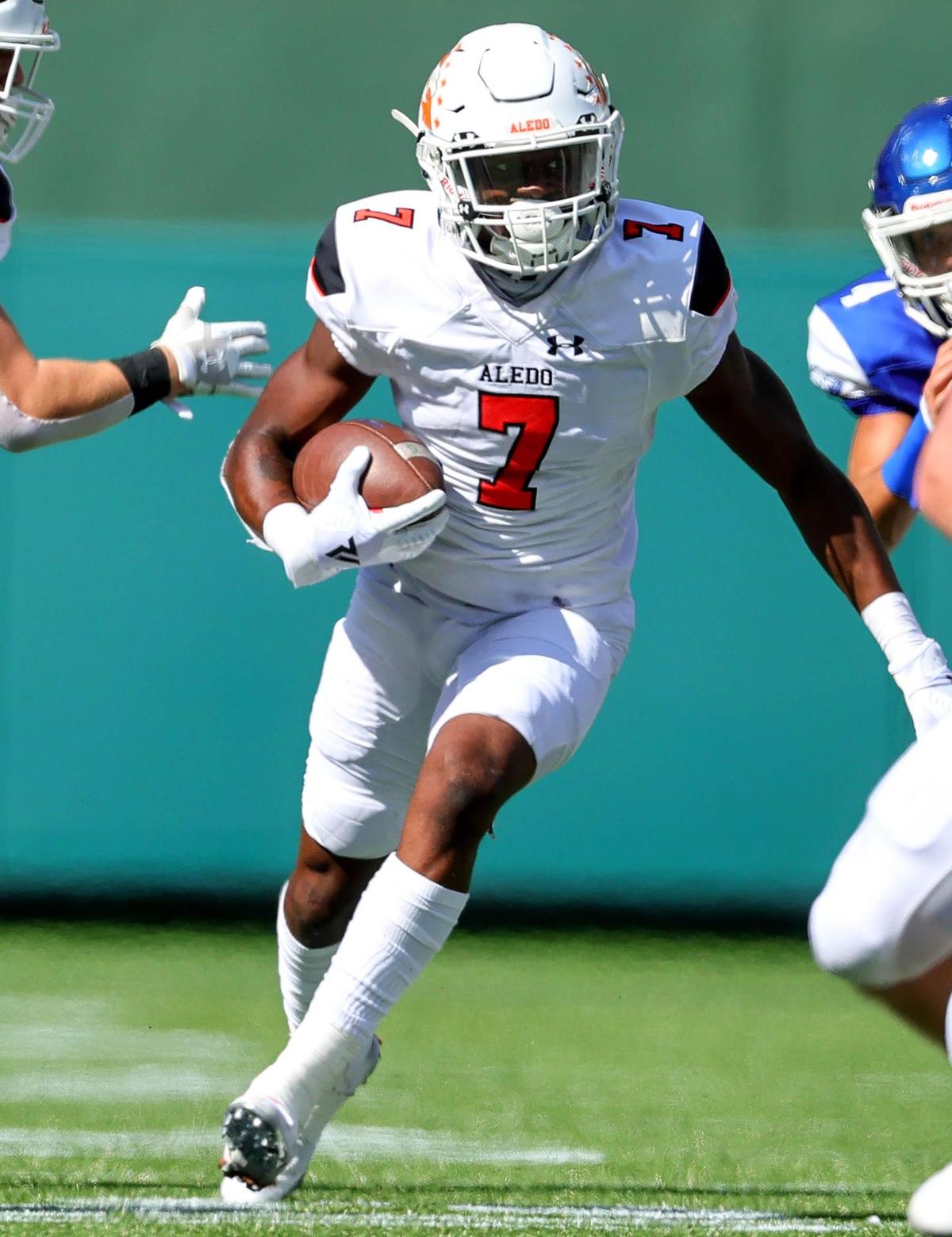 Aledo safety Bryan Allen (7) returns an interception against Weatherford during the first half, Saturday afternoon, Sepember 26, 2020 played at Globe Life Park in Arlington, TX (Steve Nurenberg Special to the Star-Telegram)