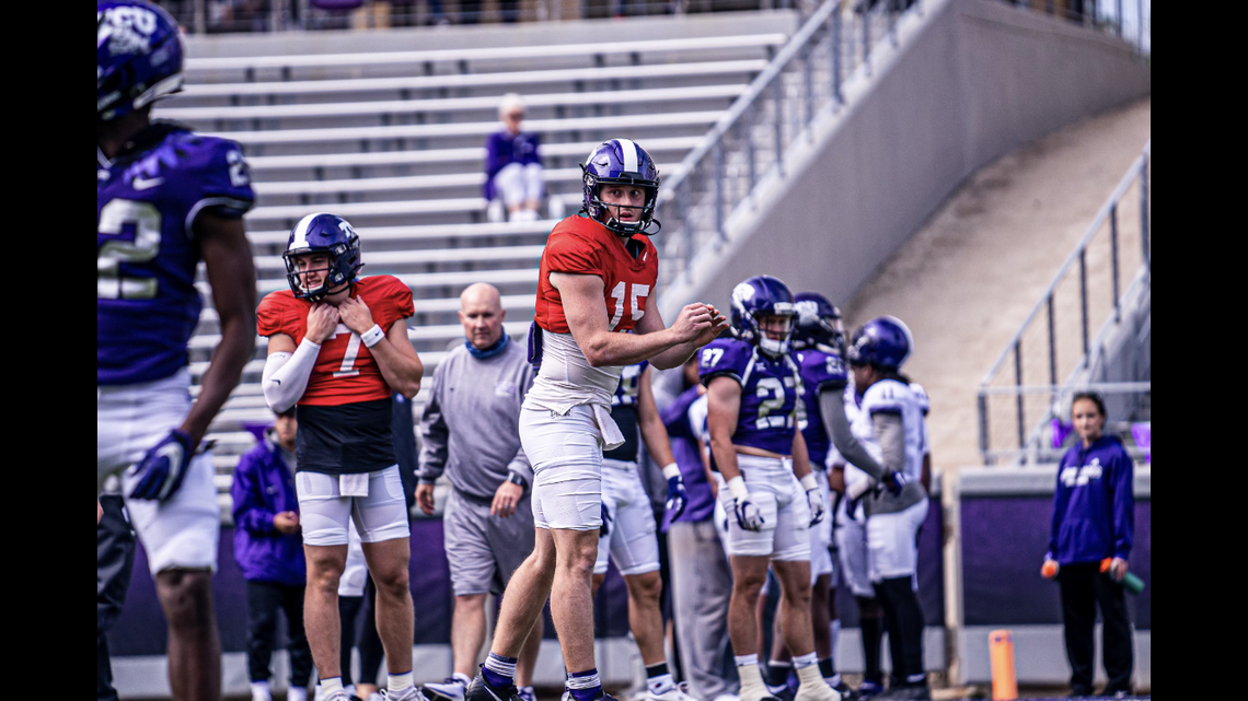 TCU quarterback Max Duggan takes part in the 2021 spring scrimmage on Saturday at Amon G. Carter Stadium in Fort Worth.