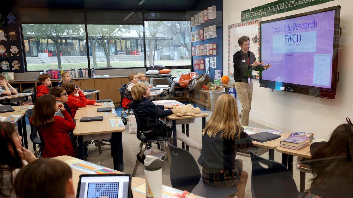 Third grade teacher Jeff Capaldo gives a lesson to his class at the new Annie Richardson Bass Lower School at Fort Worth Country Day on Tuesday, Feb. 18, 2025.