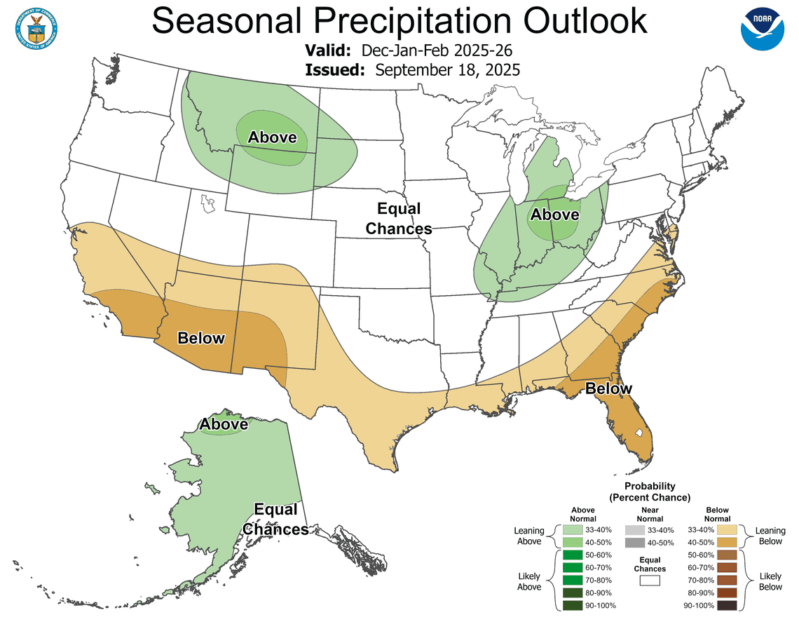 The seasonal precipitation outlook for the U.S. from December 2025 through February 2026.