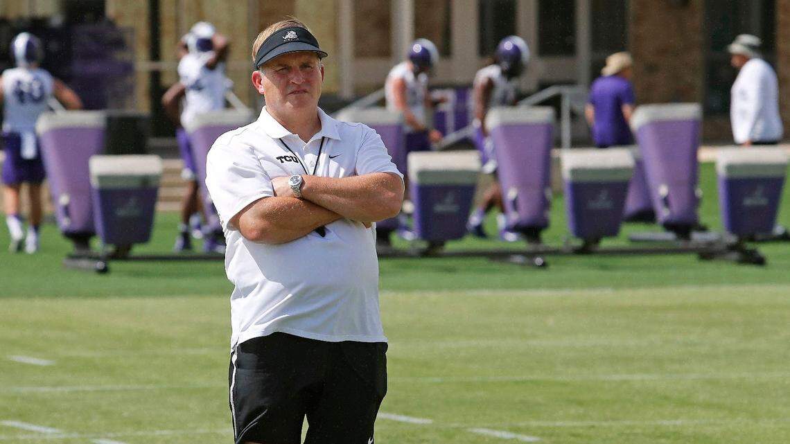 The TCU Horned Frogs and head coach Gary Patterson hold their first regular preseason practice in Fort Worth, Saturday, August 4, 2018.