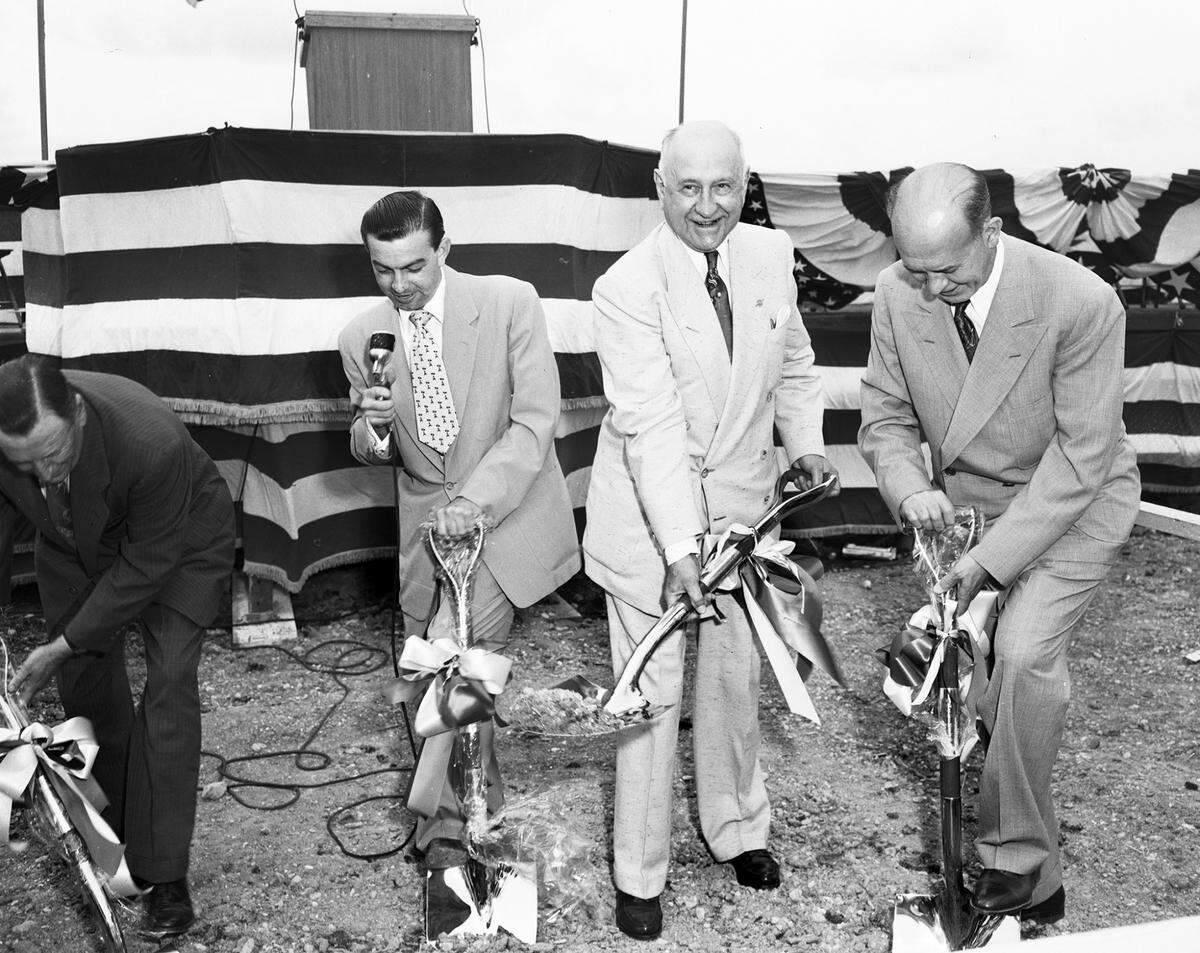 May 27, 1952: From left, Ben Critz, Tom Vandergriff, Amon Carter Sr., and John F. Gordon were the first to turn dirt at the new General Motors plant in Arlington, Texas, at the groundbreaking ceremony.