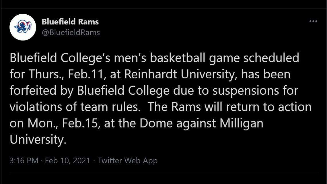 Bluefield College issued a tweet on the forfeit on Wednesday.