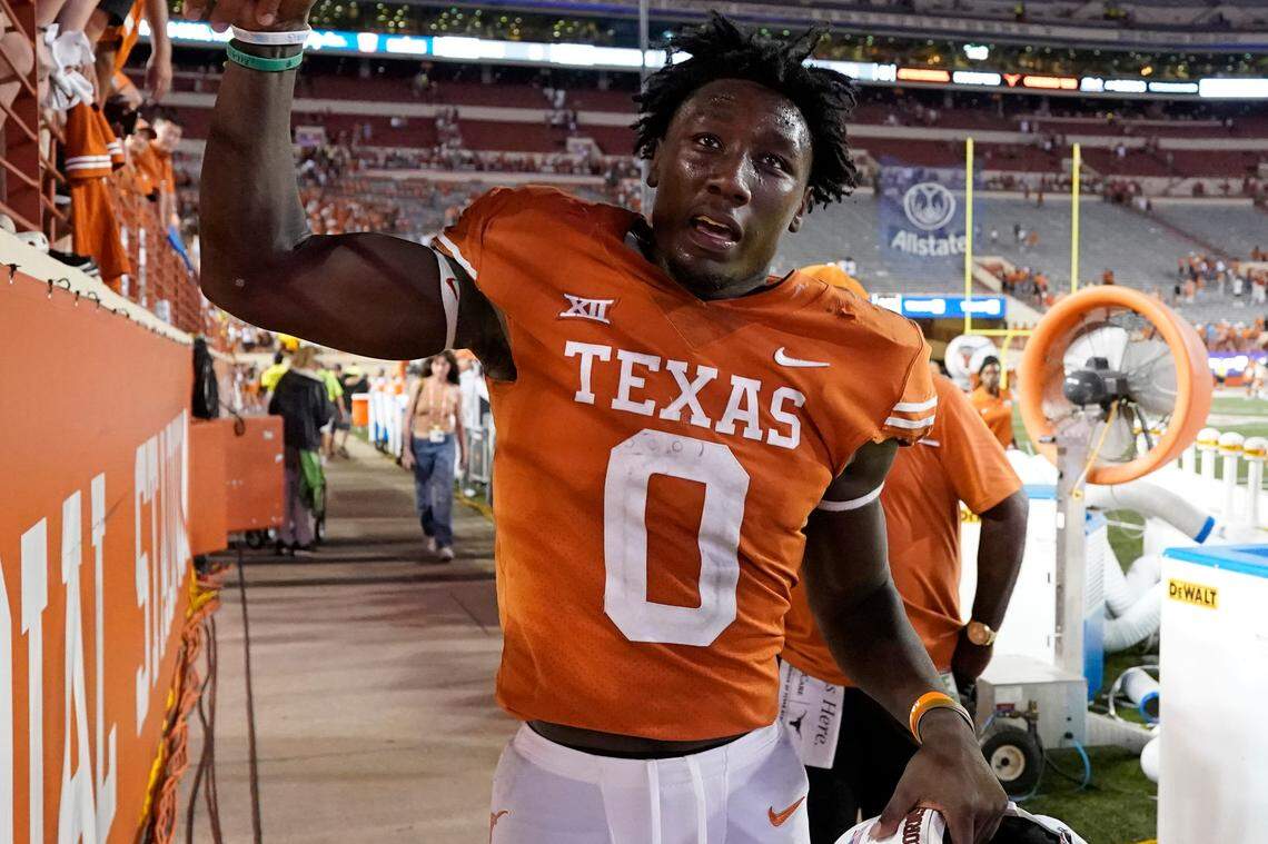 Oct 1, 2022; Austin, Texas, USA; Texas Longhorns linebacker DeMarvion Overshown (0) greets fans after a victory over the West Virginia Mountaineers at Darrell K Royal-Texas Memorial Stadium.