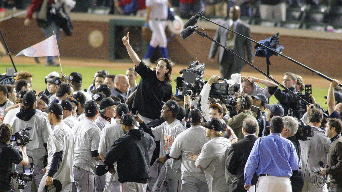 Tim Lincecum won Game 1 and Game 5 in the 2010 World Series, and was hoisted onto his teammates' shoulders after shutting down the Rangers in the clincher at Globe Life Park.