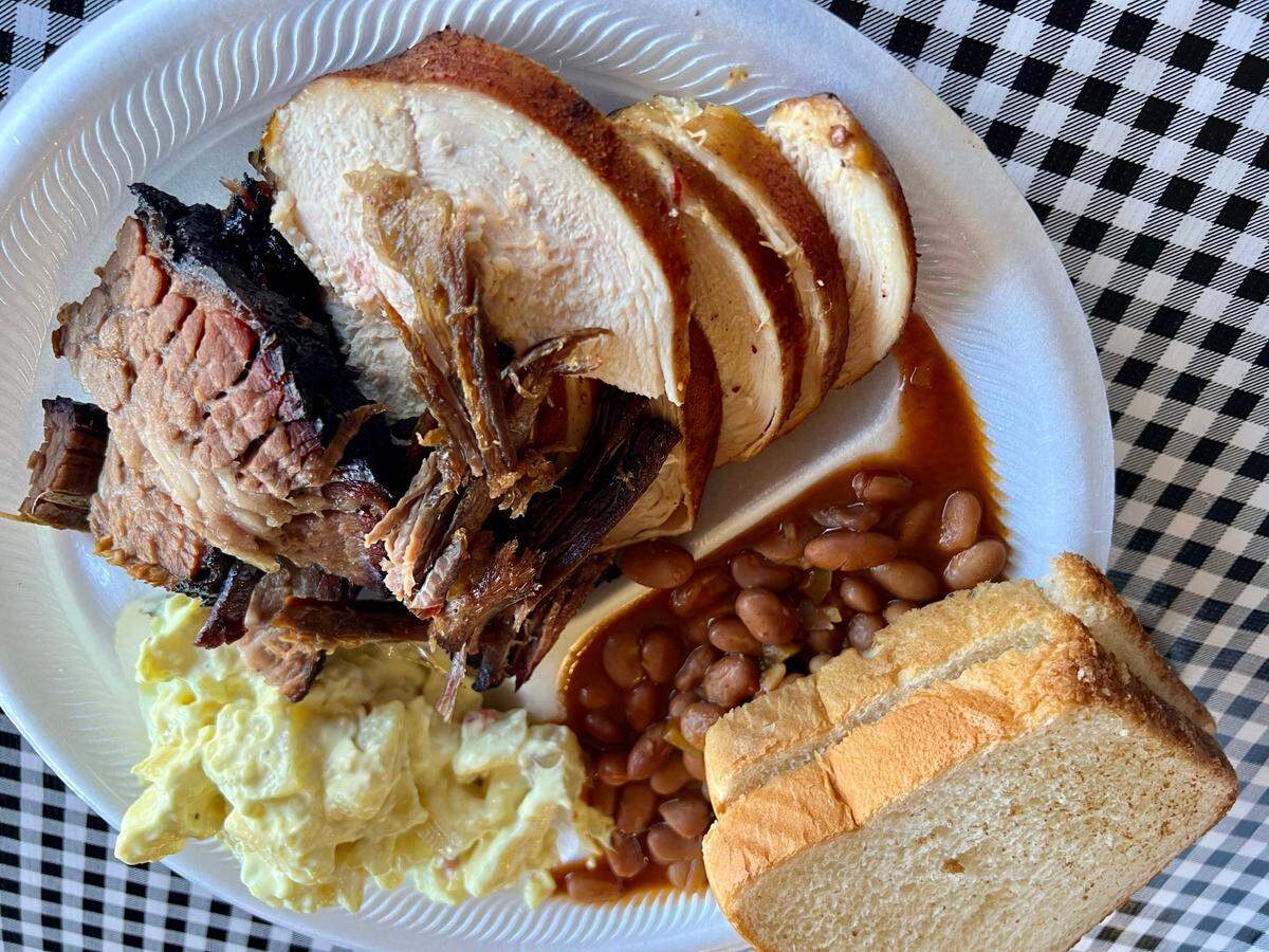 A barbecue plate with brisket, ribs and turkey at North Main BBQ.