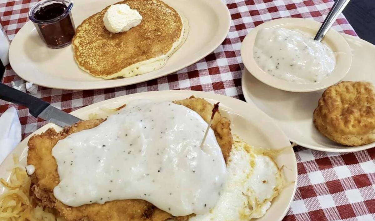 Chicken-fried chicken (or steak) on a breakfast platter at Blue Mound Cafe.