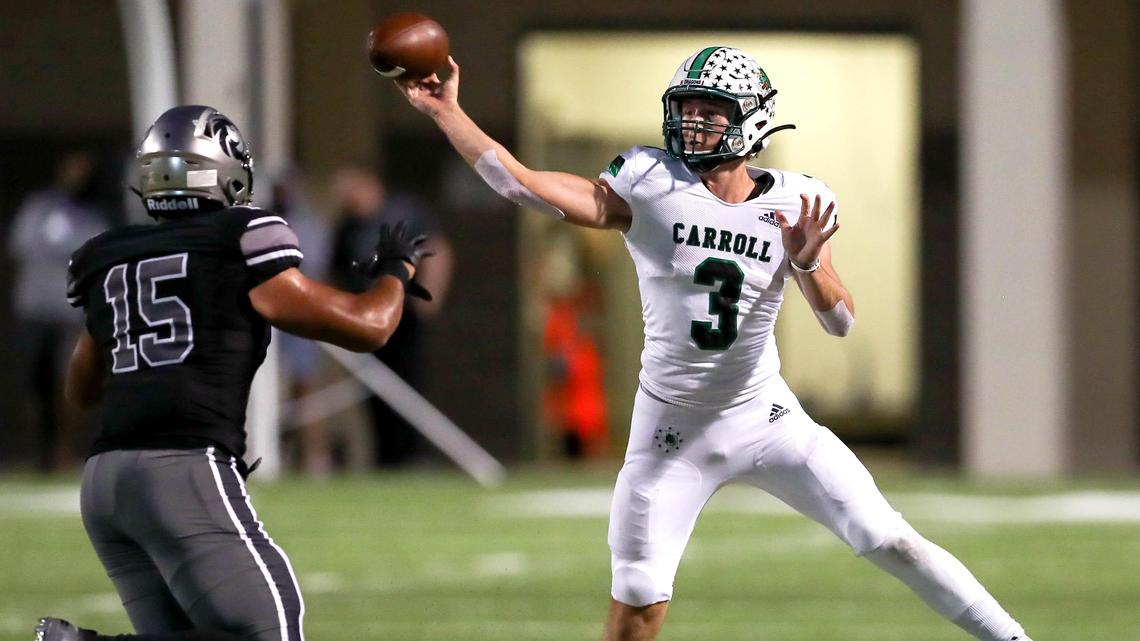 Southlake Carroll quarterback Quinn Ewers (3) tries to get off a pass against Denton Guyer defensive end Devin Goree (15) during the first half, Friday night, October 4, 2019 played at C.H. Collins Complex Stadium in Denton, TX.