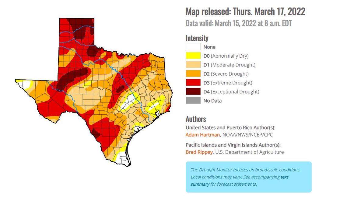 Drought conditions in Texas as of March 17, 2022.