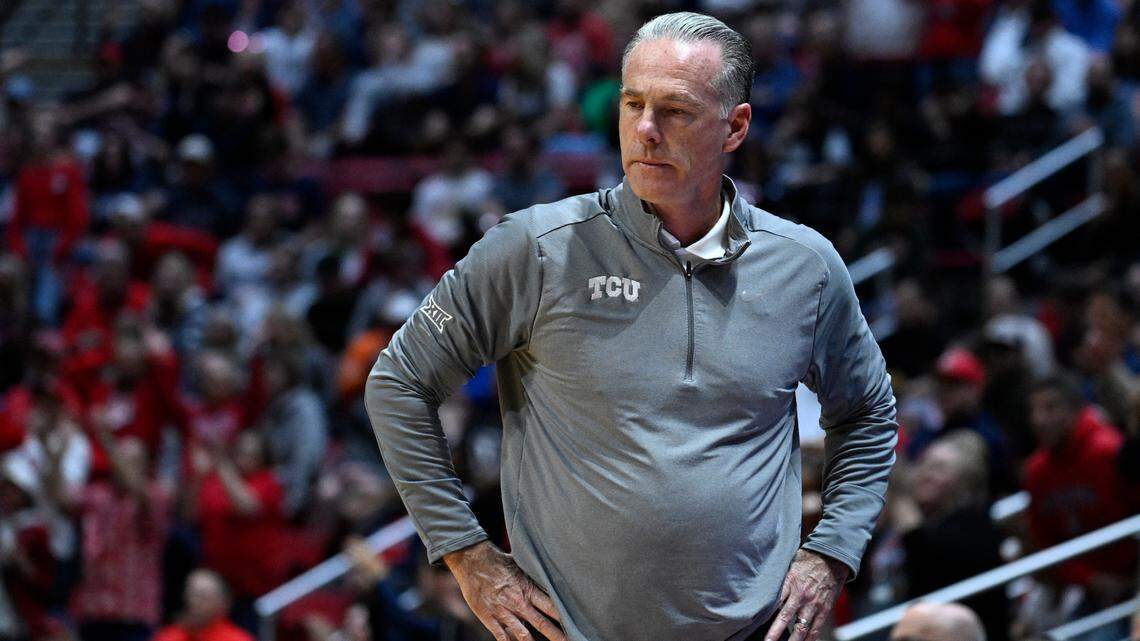 TCU head coach Jamie Dixon watches from the sideline during the first half of a second-round NCAA college basketball tournament game against Arizona, Sunday, March 20, 2022, in San Diego. (AP Photo/Denis Poroy)