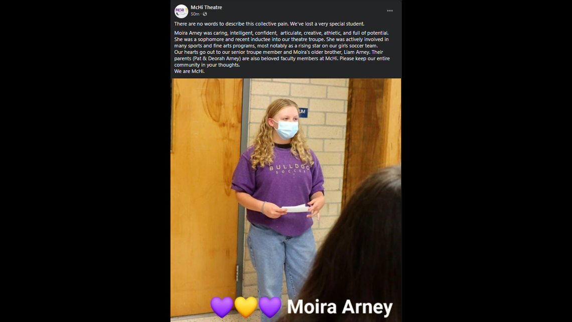 Moira Claire Arney, 15, died during a club team soccer practice.