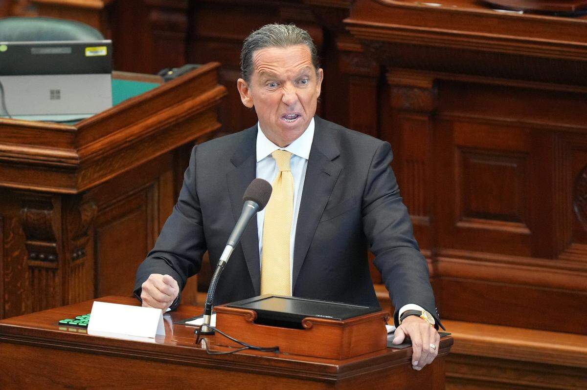 Lawyer Tony Buzbee during Ken Paxton’s impeachment trial Tuesday, Sept. 5, 2023, in the Texas Senate at the Capitol in Austin. The trial will determine if the suspended Attorney General will be removed from office.