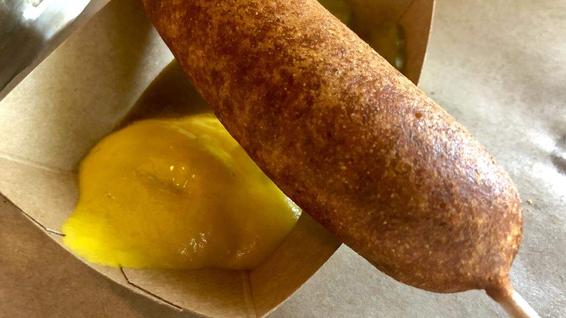 Corn dogs with jalapeno or black-pepper sausage are available Sundays at Heim Barbecue.