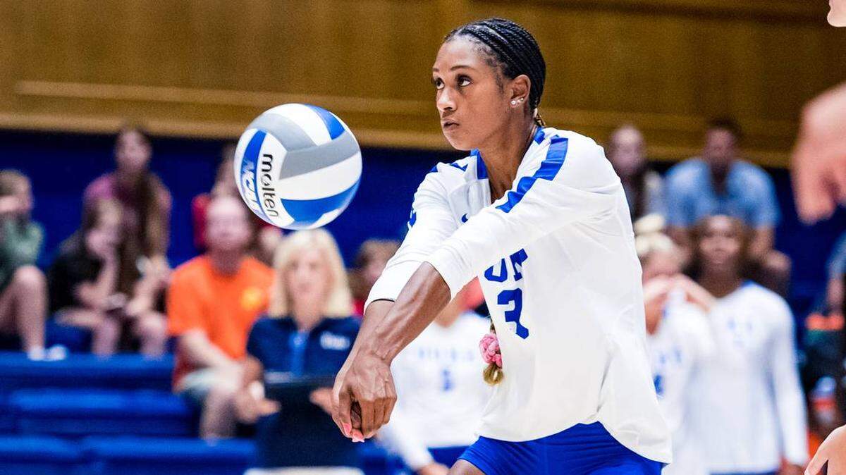 Duke sophomore volleyball setter Rachel Richardson strikes the ball during a match against Davidson at Cameron Indoor Stadium on Aug. 20. On Aug. 26, Richardson said she was the target of a repeated racial slur by a BYU fan during a match in Provo, Utah. Richardson is the goddaughter of Fort Worth attorney Lesa Pamplin, who is a judicial candidate for Tarrant County Criminal Court No. 5.