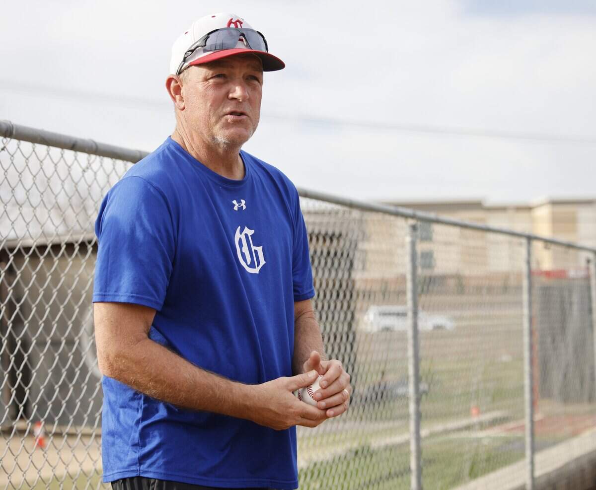 Grapevine Mustang head baseball coach Jimmy Webster talks to pitchers during Grapevine Mustang baseball practice at Grapevine High School in Grapevine, Texas, Tuesday Feb. 17, 2026.