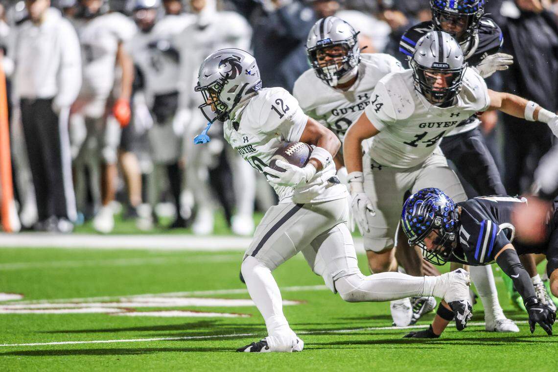 Denton Guyer’s AJ Moss returns a third-quarter interception against Byron Nelson in a Class 6A Division II regional semifinal Friday, Nov. 28, 2025, at Northwest ISD Stadium in Justin, Texas.