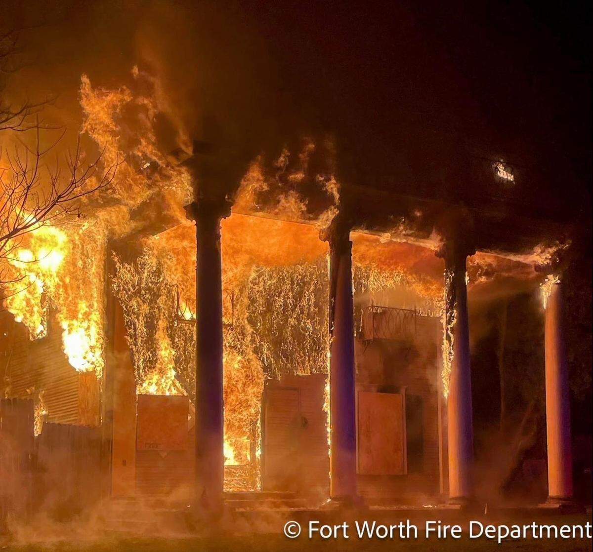 The Brown/Tadloch House at 2117 Northwest 24th St. was heavily damaged by a fire Tuesday night, but the cause is not yet known, according to the Fort Worth Fire Department