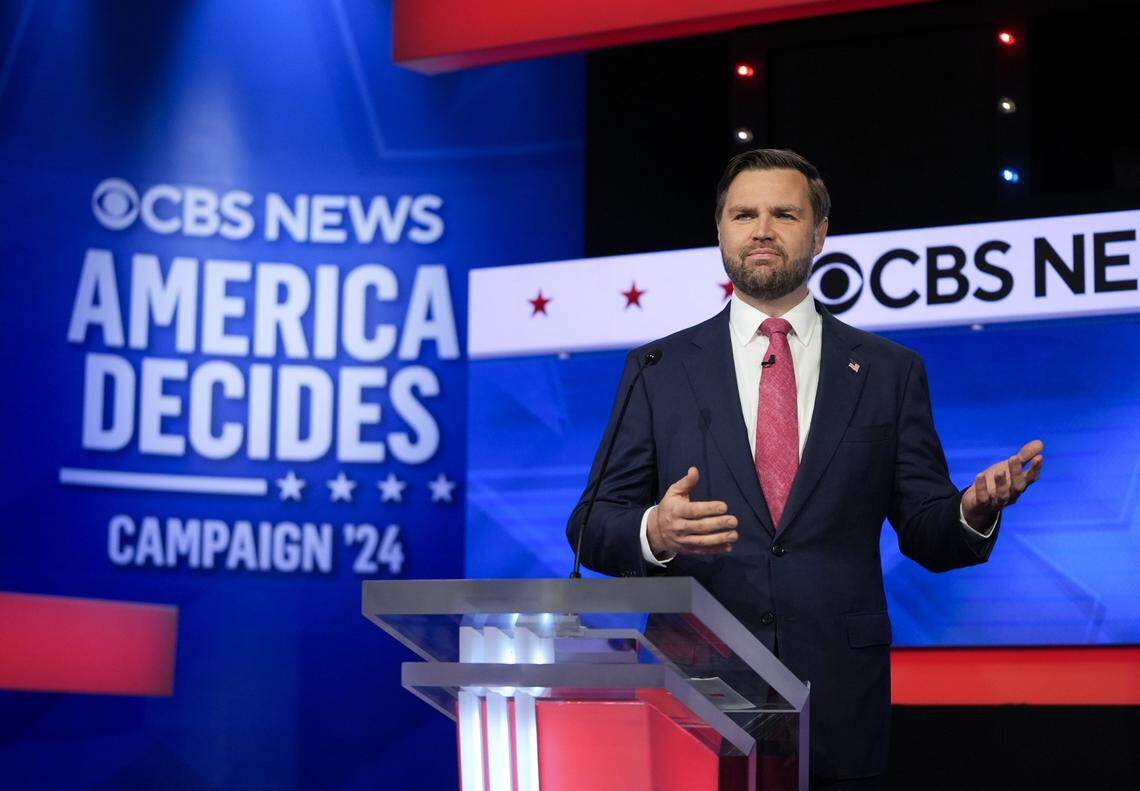 Oct 1, 2024; New York, NY, USA; Republican JD Vance prior to the CBS News vice presidential debate moderated by CBS Evening News anchor and managing editor Norah O’Donnell and Face the Nation moderator and chief foreign affairs correspondent Margaret Brennan. Mandatory Credit: Jack Gruber-USA TODAY NETWORK via Imagn Images