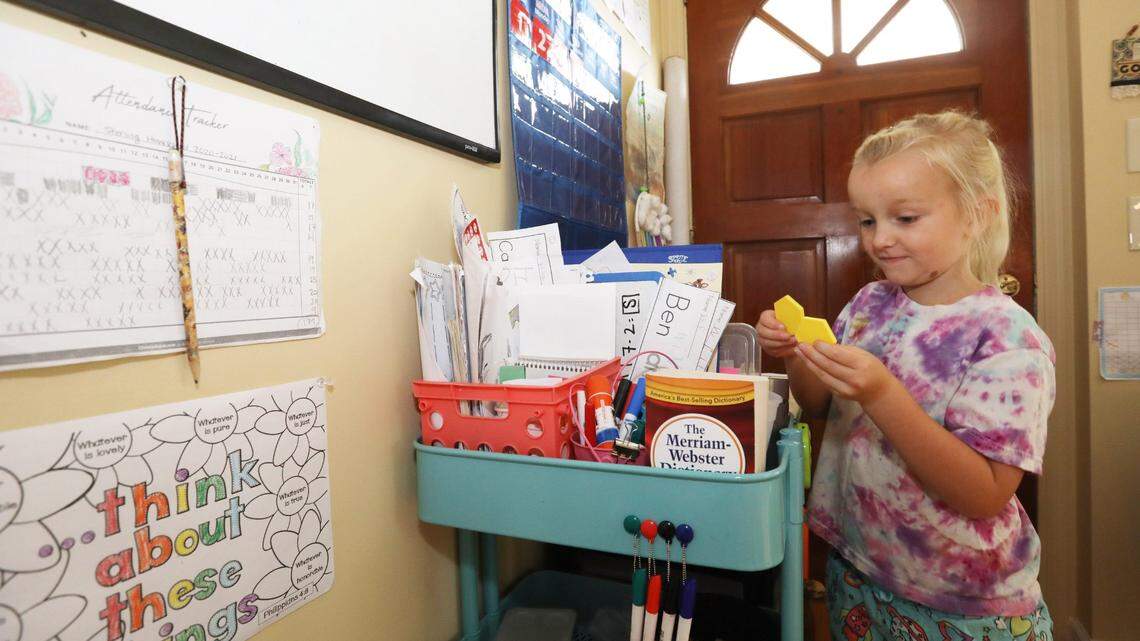 Willa Sterling looks through her home schooling supplies at her home. Homeschooling is increasingly being treated as a suspiciously retroactive and distinctly ‘right-wing’ choice.