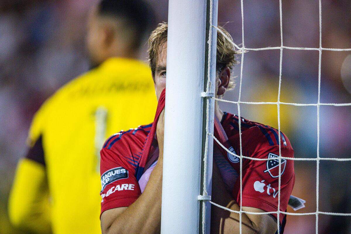 FC Dallas’s Pomykal Paxton (19) react emotionally after missing his penalty kick during a penalty shootout following a 4-4 draw at the end of regulation against Inter Miami CF during a Leagues Cup match at TOYOTA Stadium in Frisco, Texas on Sunday, Aug. 6, 2023.