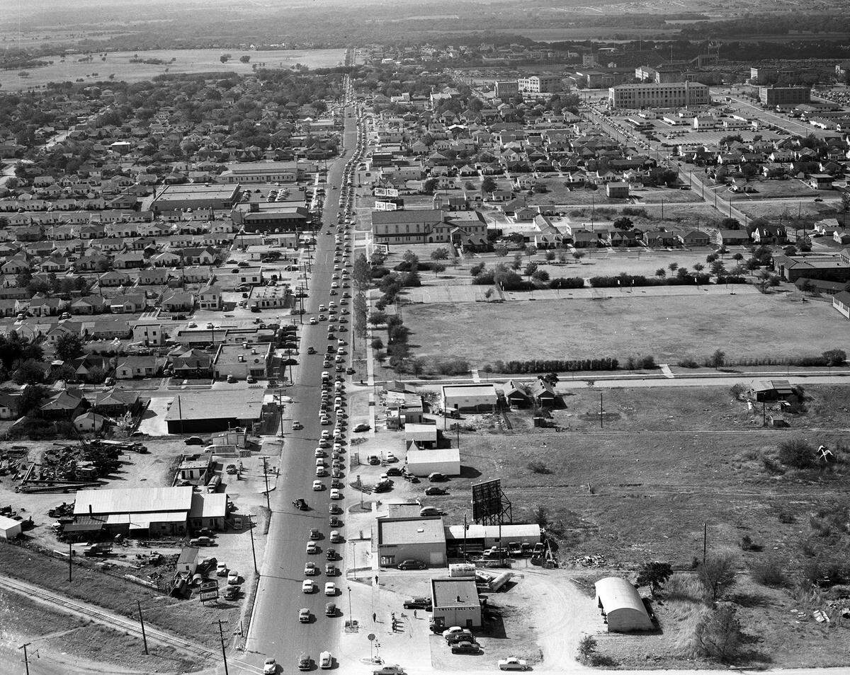 Oct. 20, 1951: Looking west on Berry Street in Fort Worth. TCU campus is seen in the upper right corner.
