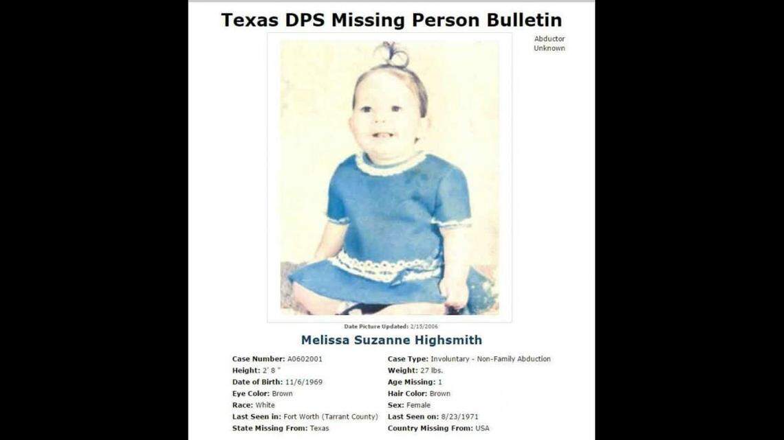 A Texas Department of Public Safety missing person bulletin for Melissa Highsmith, who was kidnapped as a toddler in 1971 and found this month in Fort Worth, according to her family.
