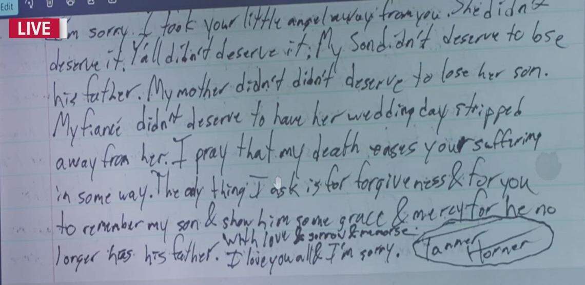 Part of a letter that Tanner Horner wrote to the family of Athena Strand when Horner attempted suicide at the Wise County Jail in May 2023. The letter was shown on Monday, April 13, 2026, to the jurors who will decide Horner’s punishment for the capital murder of 7-year-old Athena.