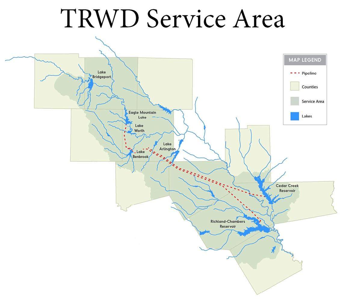 Tarrant Regional Water District serves over 11 counties with 30 commercial customers from these lakes and reservoirs.